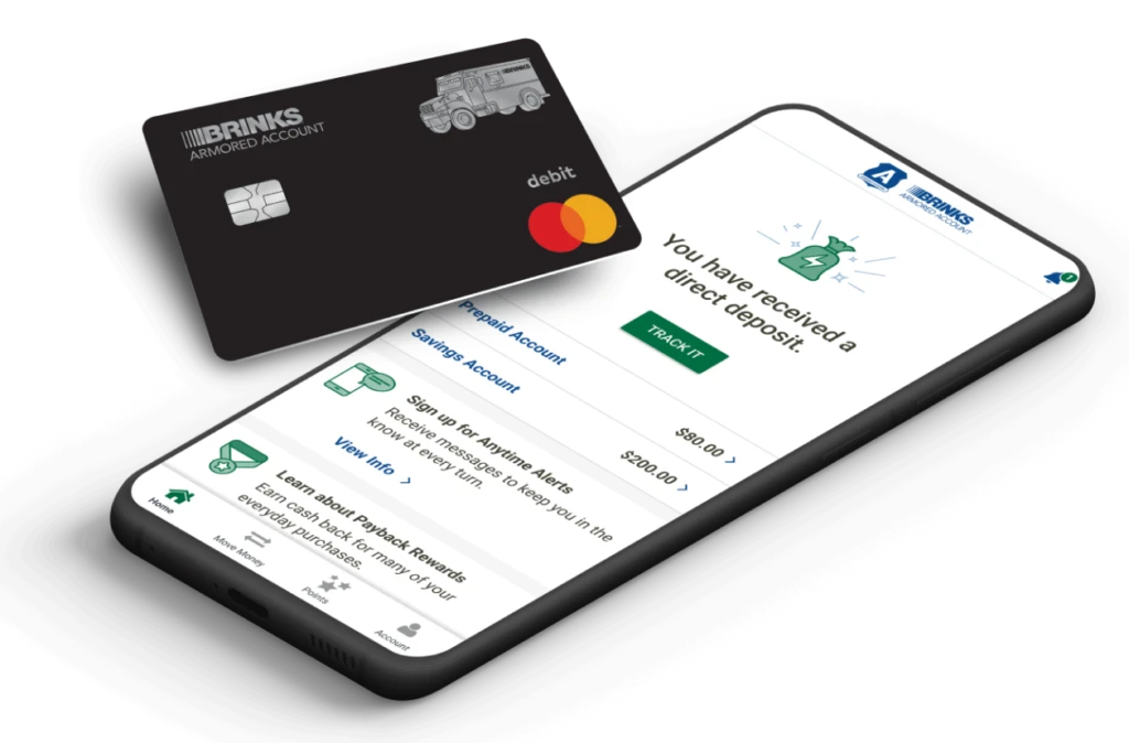 Black Brinks Armored Prepaid Mastercard with an iPhone showing the app dashboard